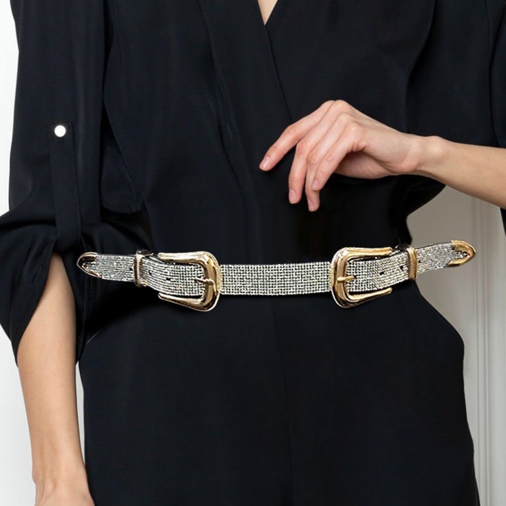Rhinestone Pave Double Metal Buckle Statement Belt